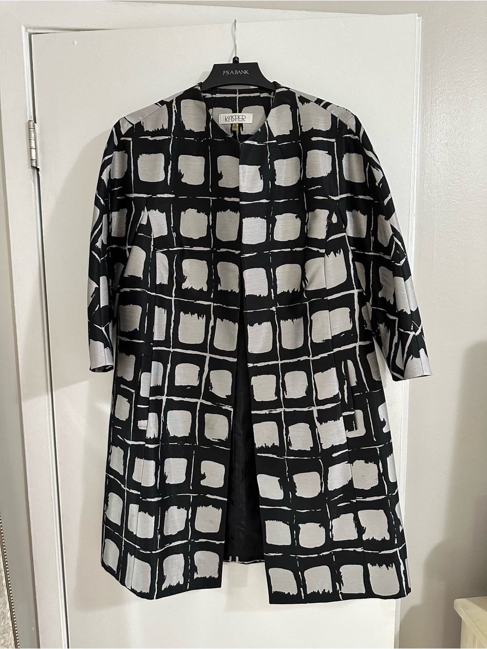Kasper Black and White Checked Open Front Coat